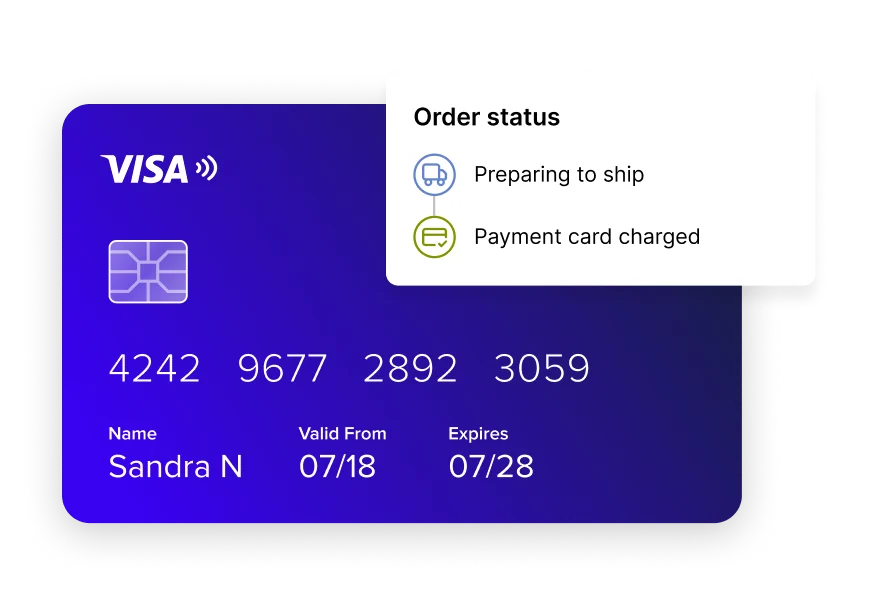 A VISA credit card displaying order status information.