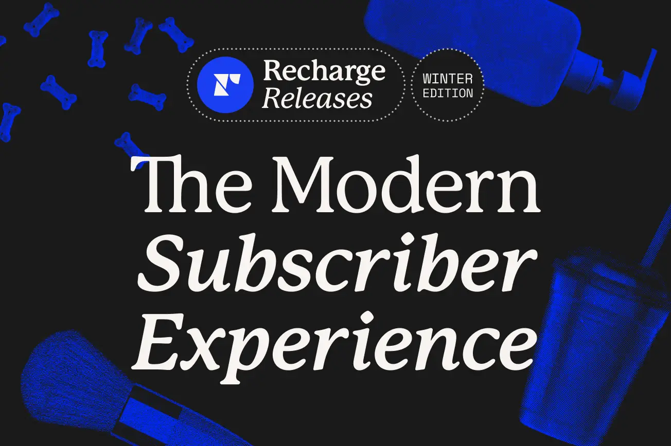 A collection of beauty products with the text 'Recharge Releases Winter Edition' on a dark background.