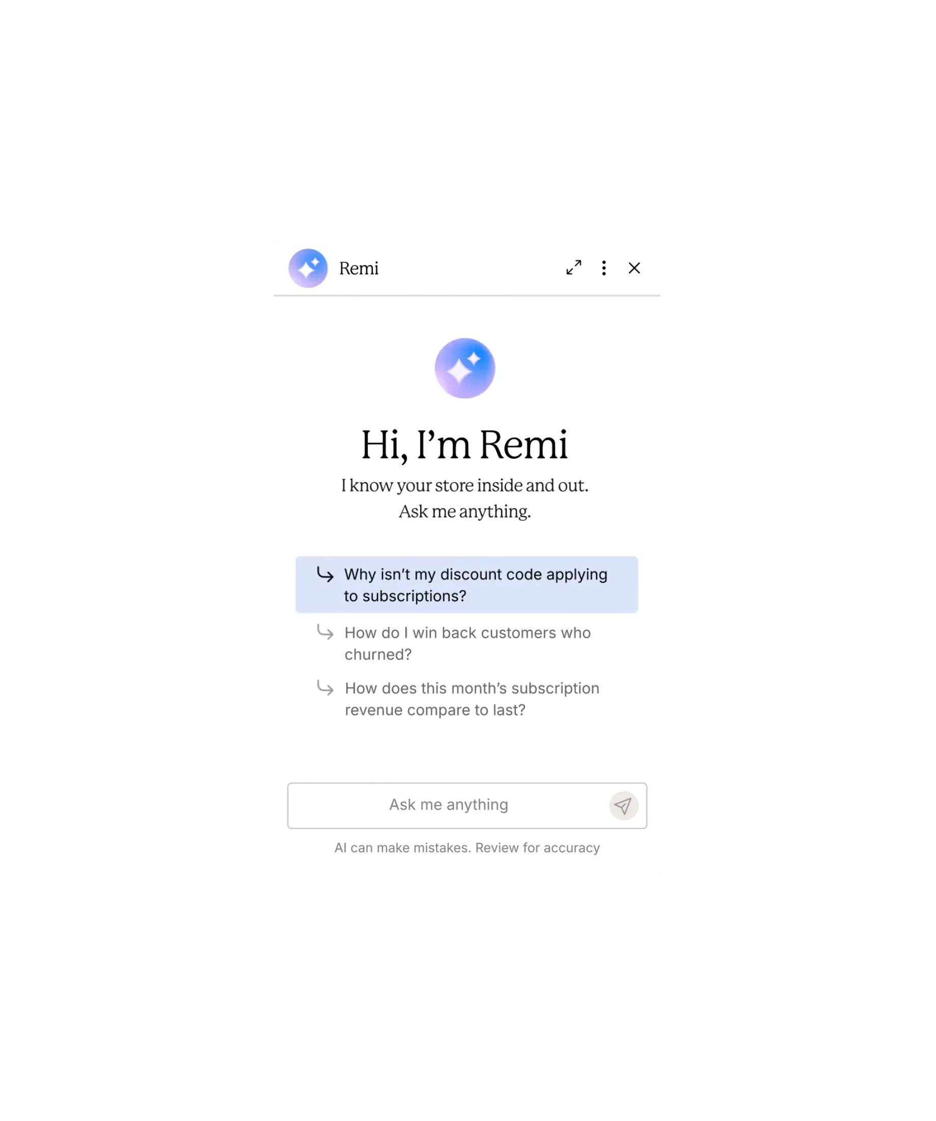 Ask Remi AI assistant answering subscription commerce questions in the Recharge platform