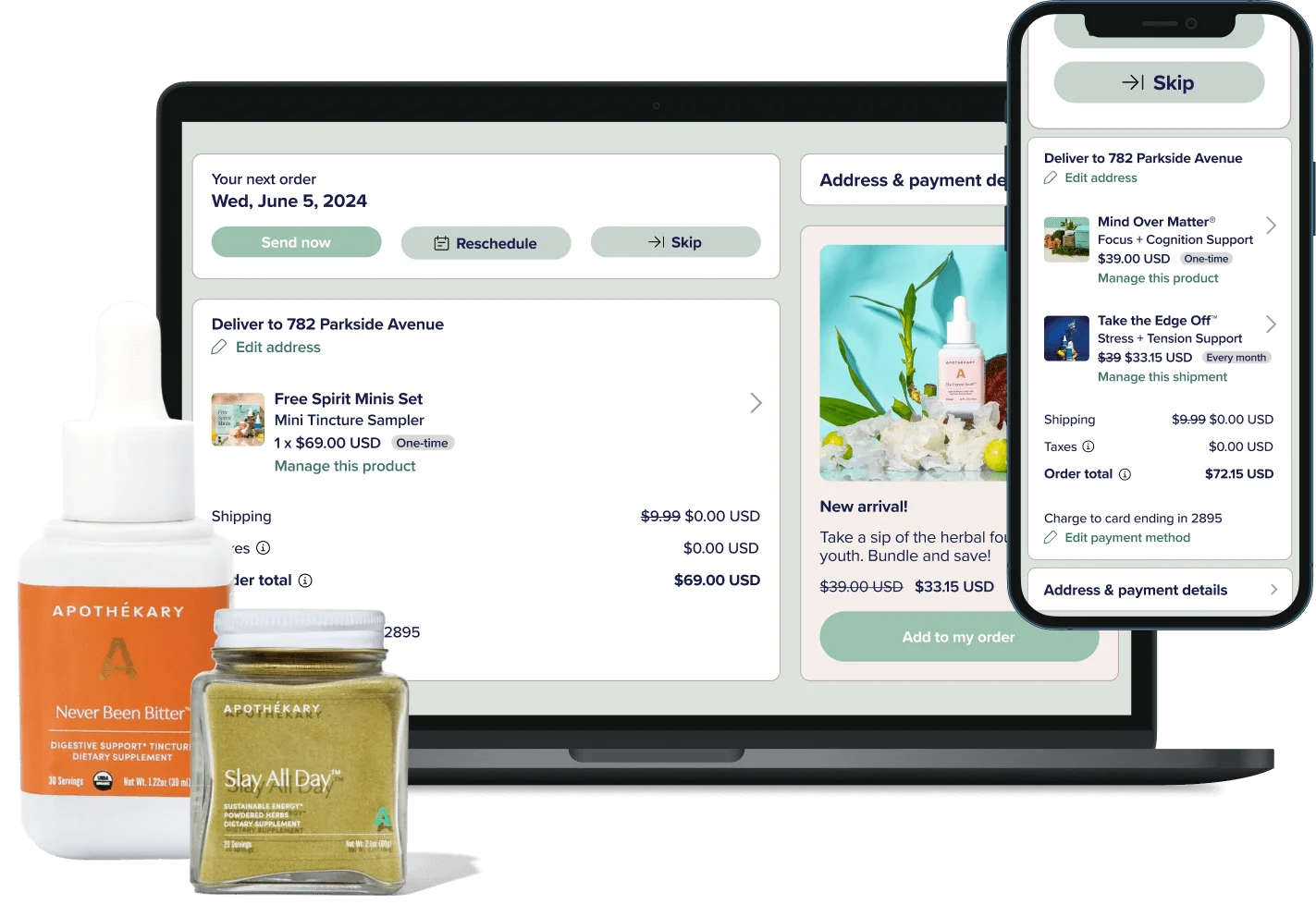 Two bottles of Apothékary superimposed over a desktop and mobile display showcasing a responsive checkout experience