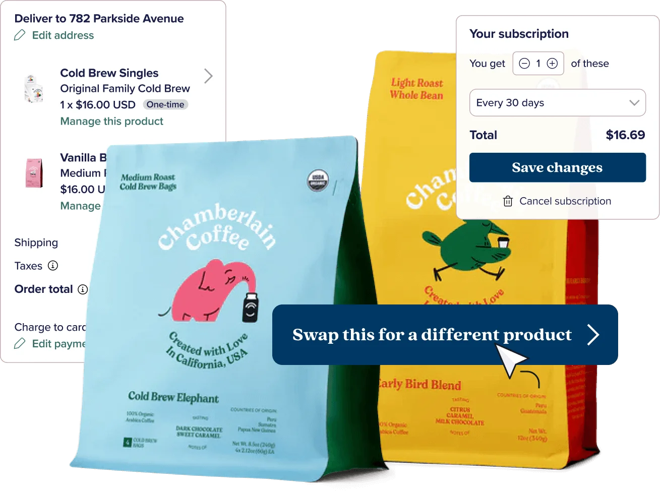 Two bags of Chamberlain Coffee alongside illustrations of product-swap ecommerce widgets