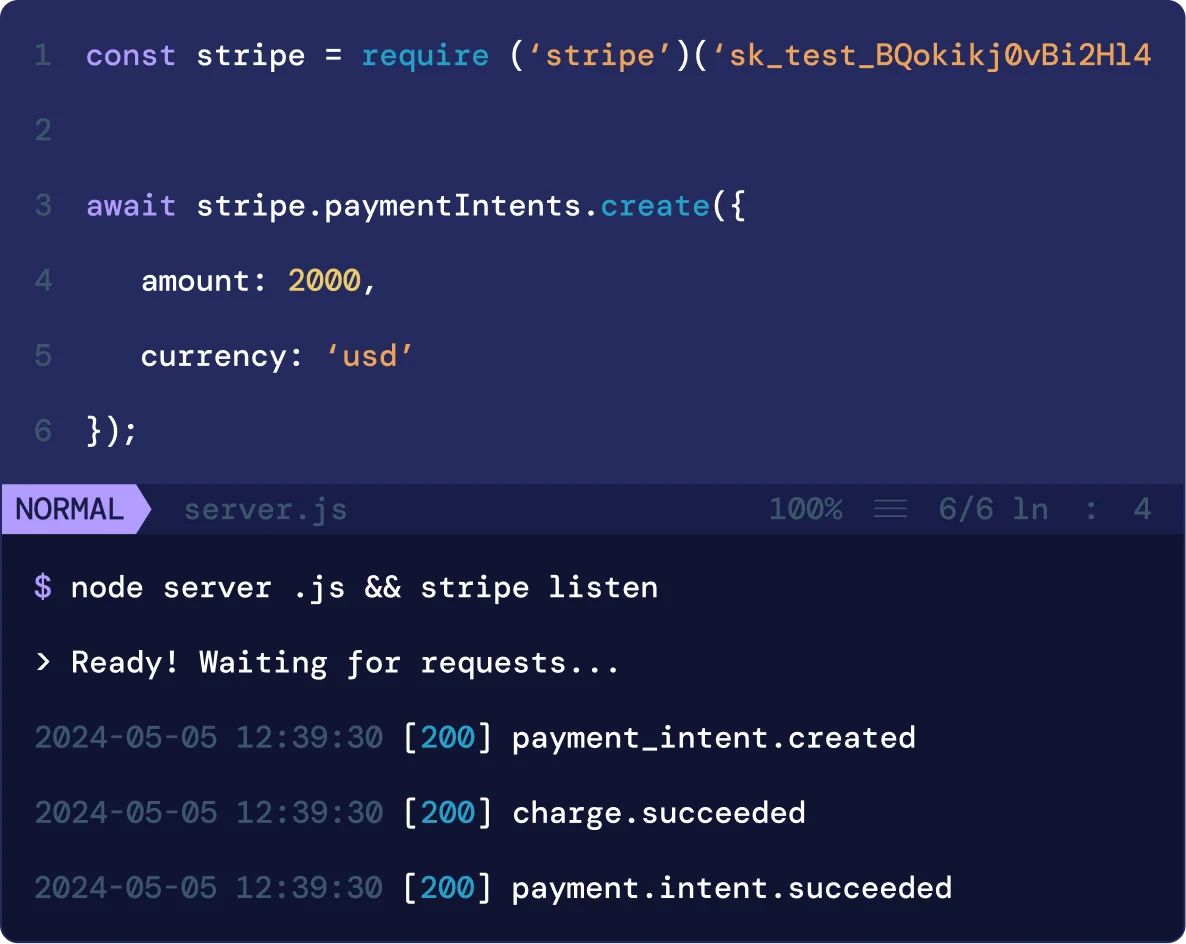 Image of a combination code editor and compiler running JavaScript meant to connect to the Stripe API