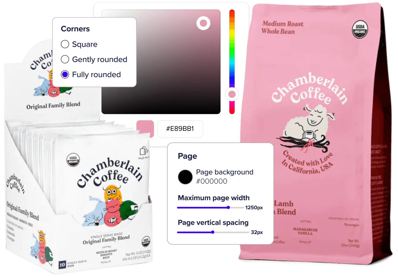 Grouping of Chamberlain Coffee products and ecommerce customization inputs