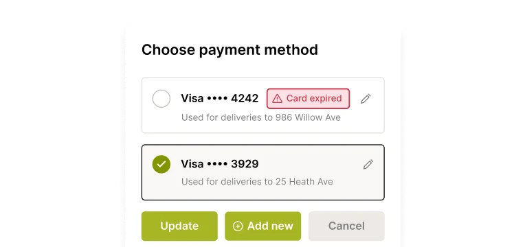 Payment method selection interface with options for card management.