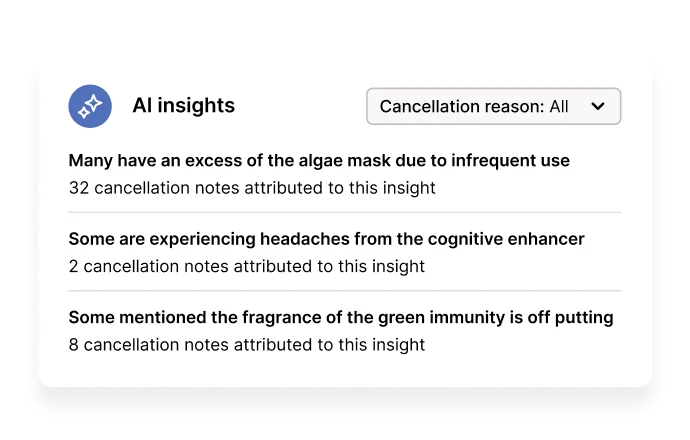 Insights report displaying reasons for product cancellations.