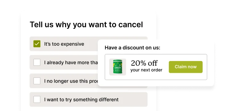 A survey form displaying options for cancelation reasons with a discount offer pop-up.