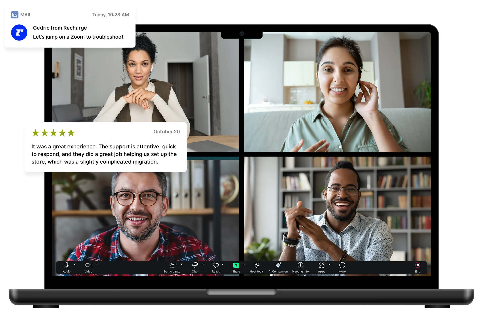 Laptop with four individuals sharing a conference call