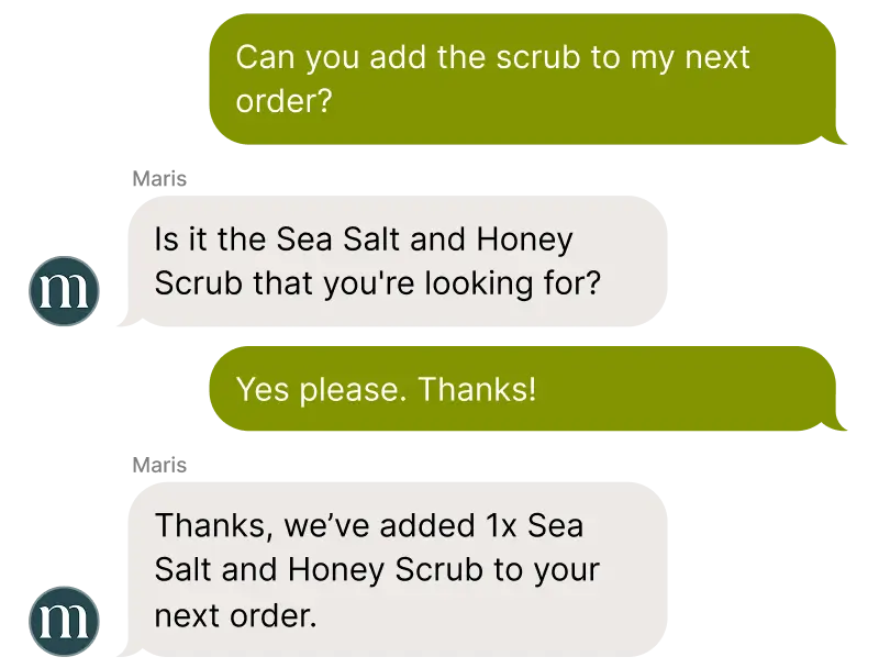 Conversation about adding Sea Salt and Honey Scrub to an order.