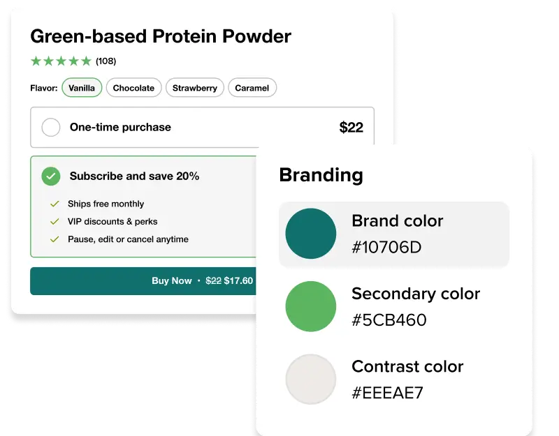 Product details for green-based protein powder with flavor options and subscription details.