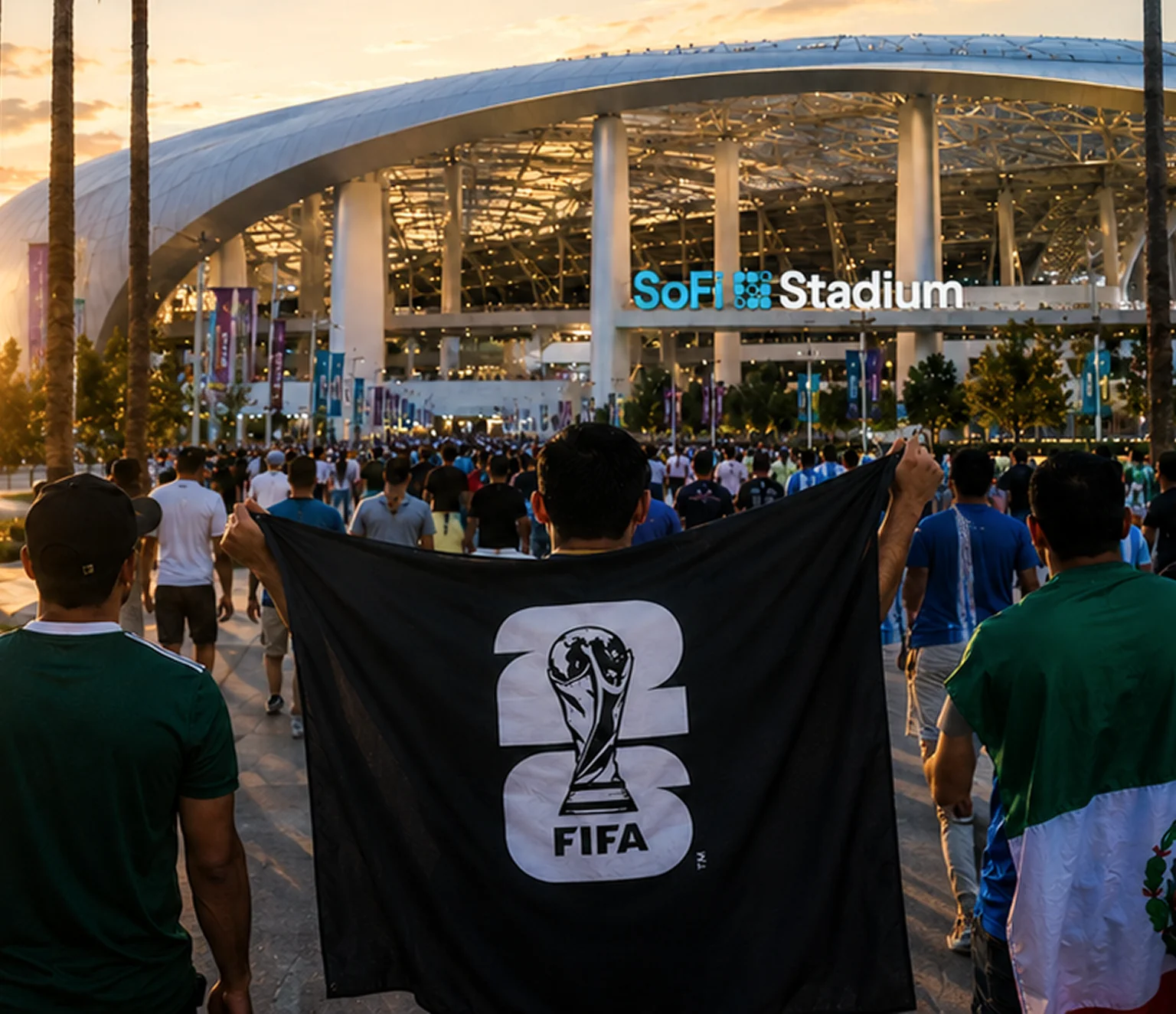 A diverse crowd of people walking towards SoFi Stadium during a FIFA event, with one person holding a large black flag displaying the FIFA World Cup trophy.