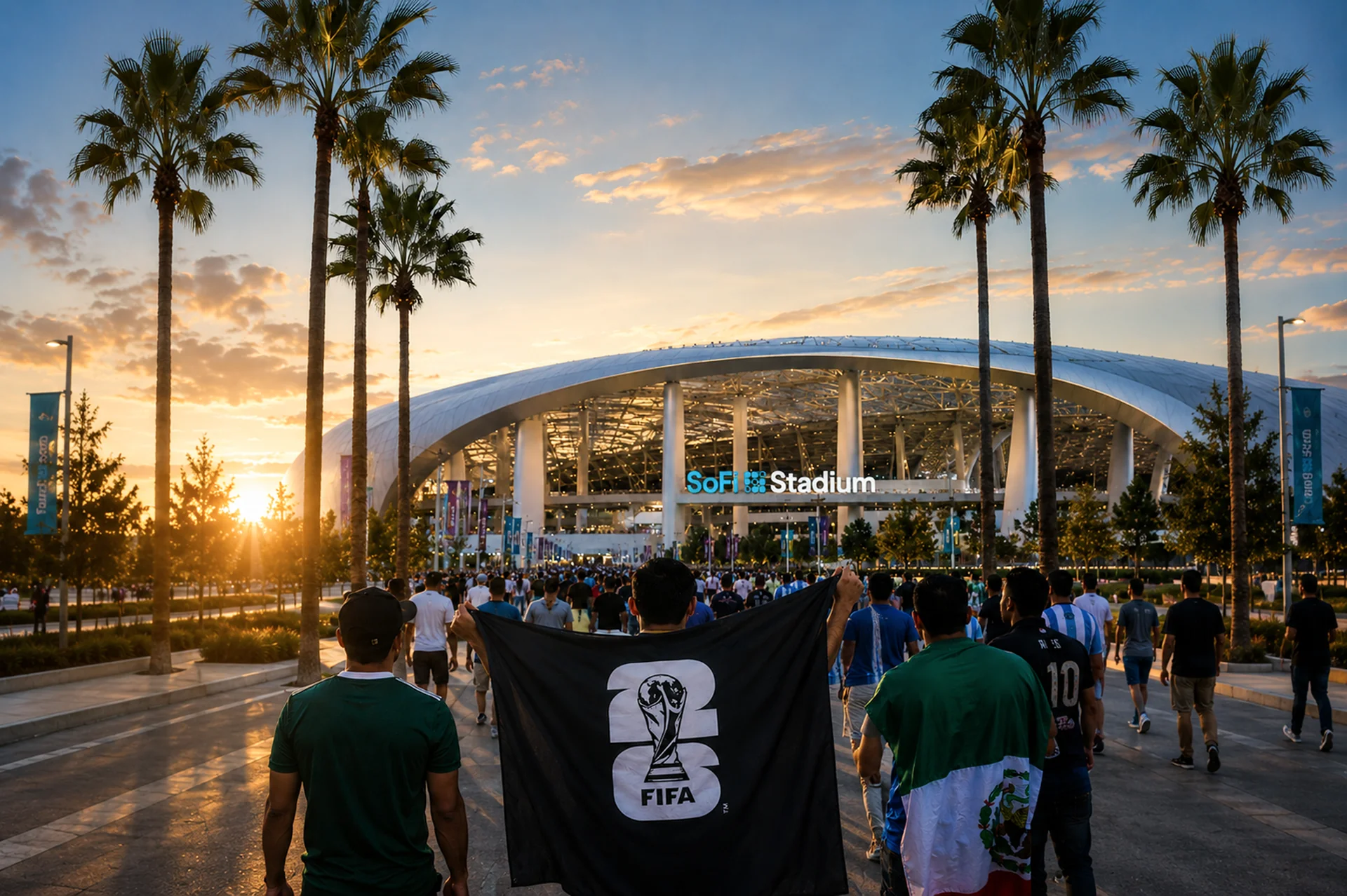 A group of people walking towards SoFi Stadium during sunset, some holding a flag with the FIFA World Cup logo.