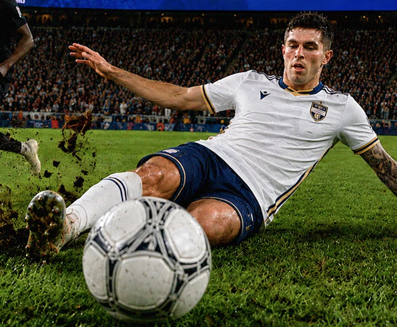 A soccer player performing a sliding tackle on a field, with a ball nearby and dirt flying up.