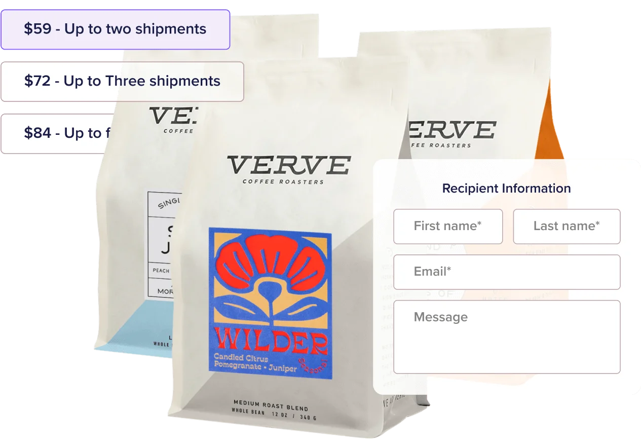 Bags of Verve Coffee Roasters coffe next to ecommerce inputs showing the product gifting interface