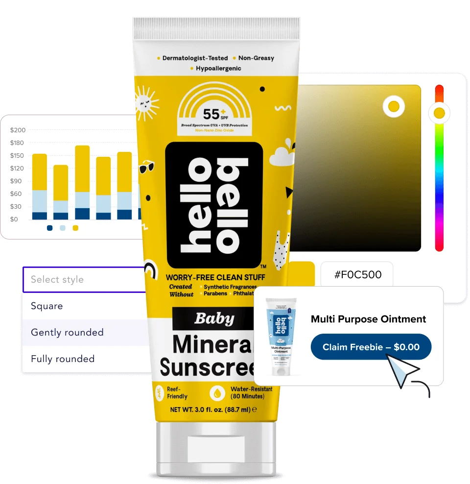 Bottle of Hello Bello sunscreen surrounded by screenshots of charts and website inputs