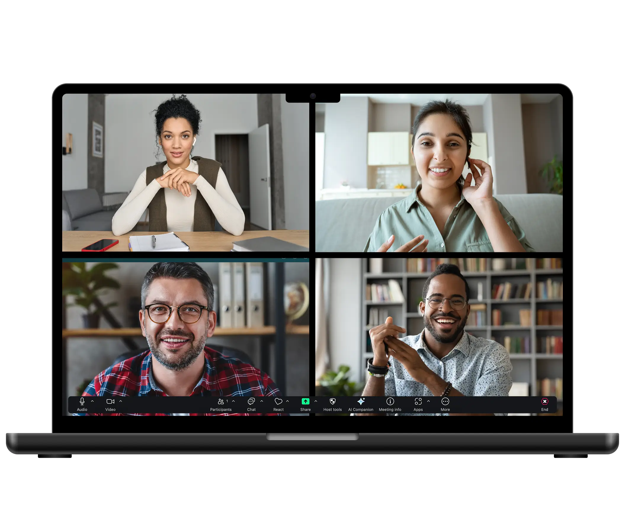 Laptop with four individuals sharing a conference call