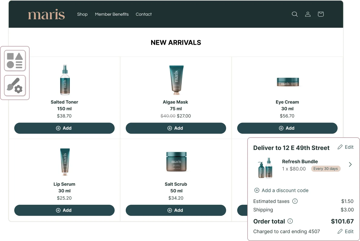 Screenshot of an ecommerce product grid with a quick-order modal superimposed