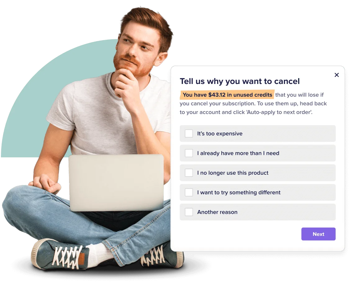 Young man sitting cross-legged holding a laptop with a thoughtful expression next to a screenshot of a questionaire asking the user why they are canceling their subscription