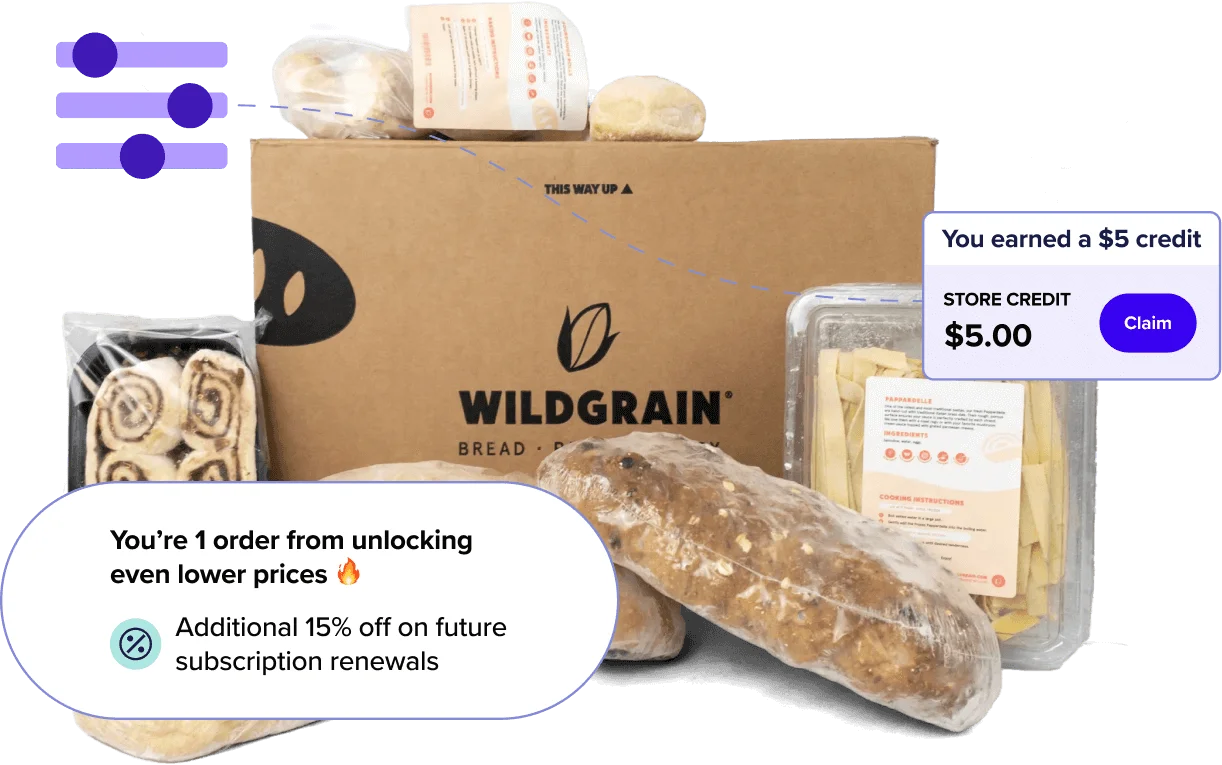 Wildgrain box surrounded by various Wildgrain products and ecommerce alerts