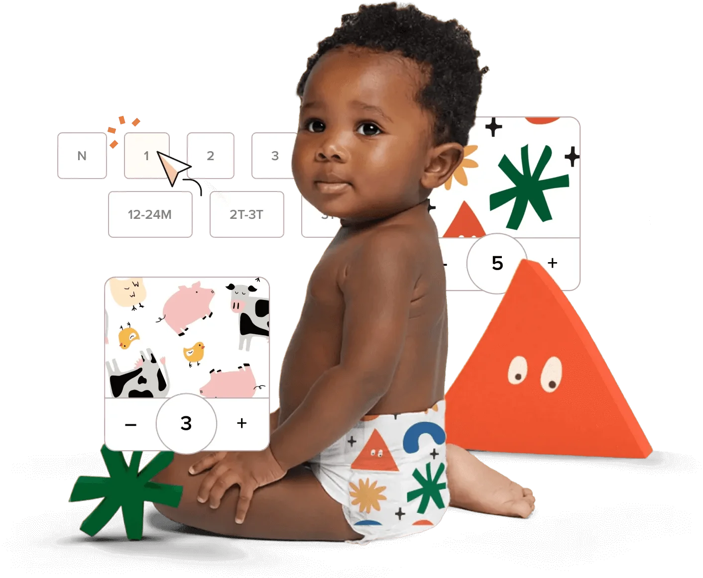Image of a baby in a diaper surrounded by cartoon graphics of a subscription purchase interface