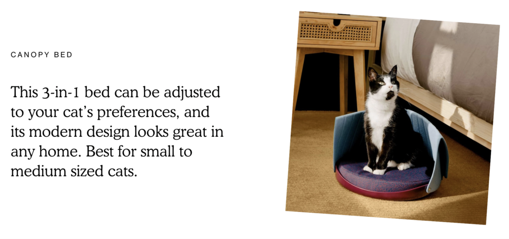 Cat Person's cat, the Canopy Bed, with a short description of its features and a photo of a cat sitting in it.