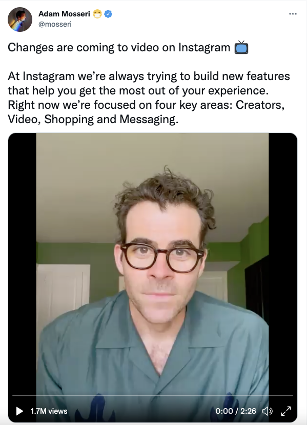 Tweet from head of Instagram discussing how it will no longer be a photo sharing app.