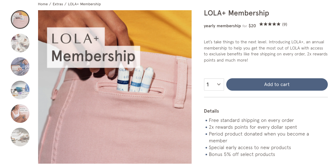 Lola+ Membership product purchase page