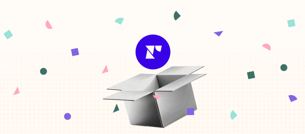 An open cardboard box with the Recharge logo popping out and confetti surrounding it.