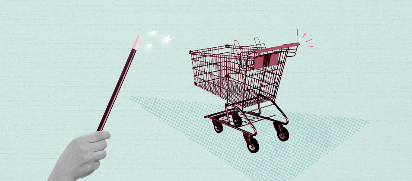 Light blue background with a shopping cart on the right, and a hand holding a magic wand on the left.