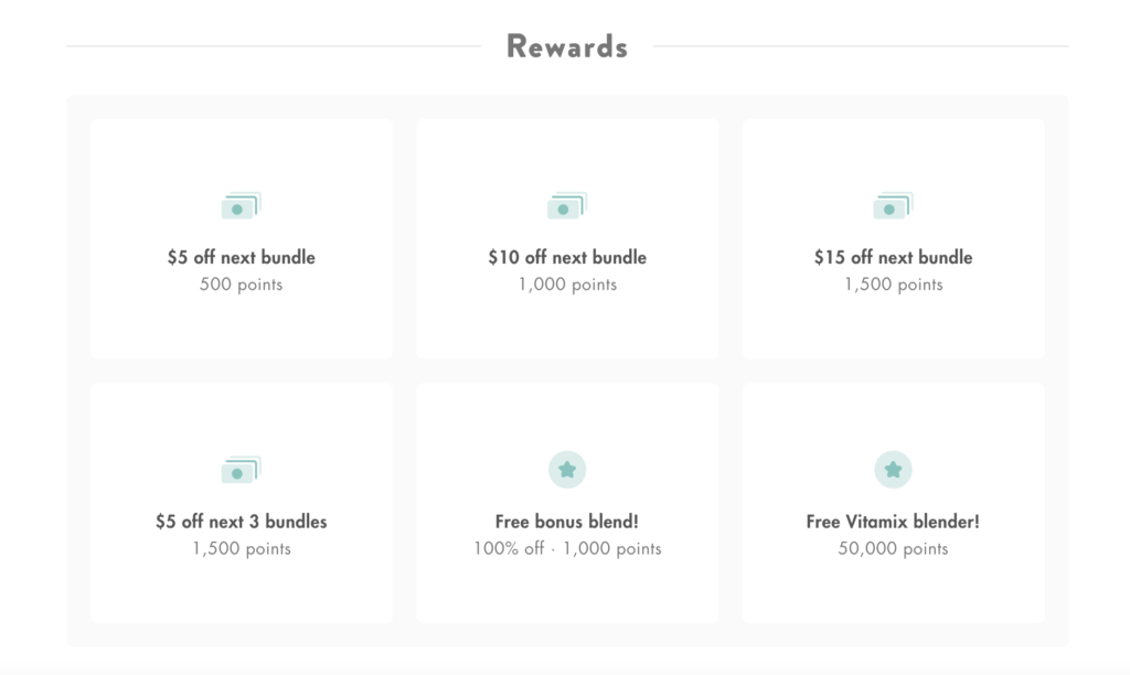 Image shows six white boxes with text and small icons, showcasing Bumpin Rewards.