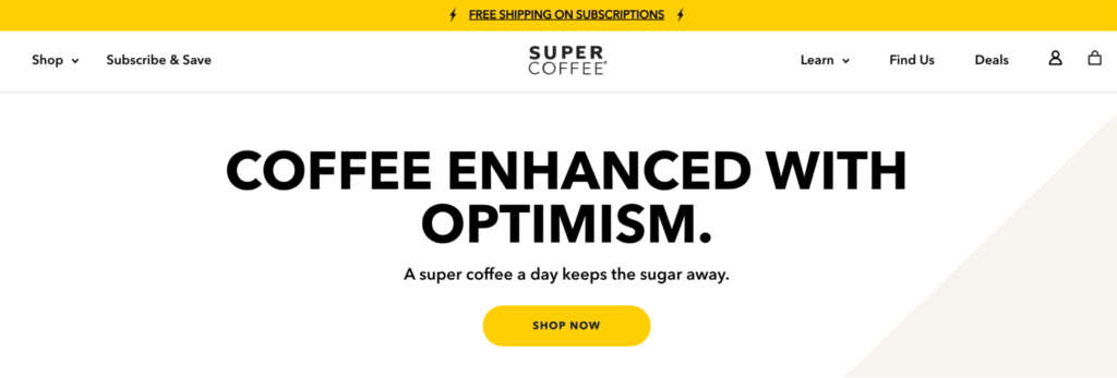 This screenshot from the Super Coffee websites showcases their navigation bar and below it, the words "Coffee enhanced with optimism."