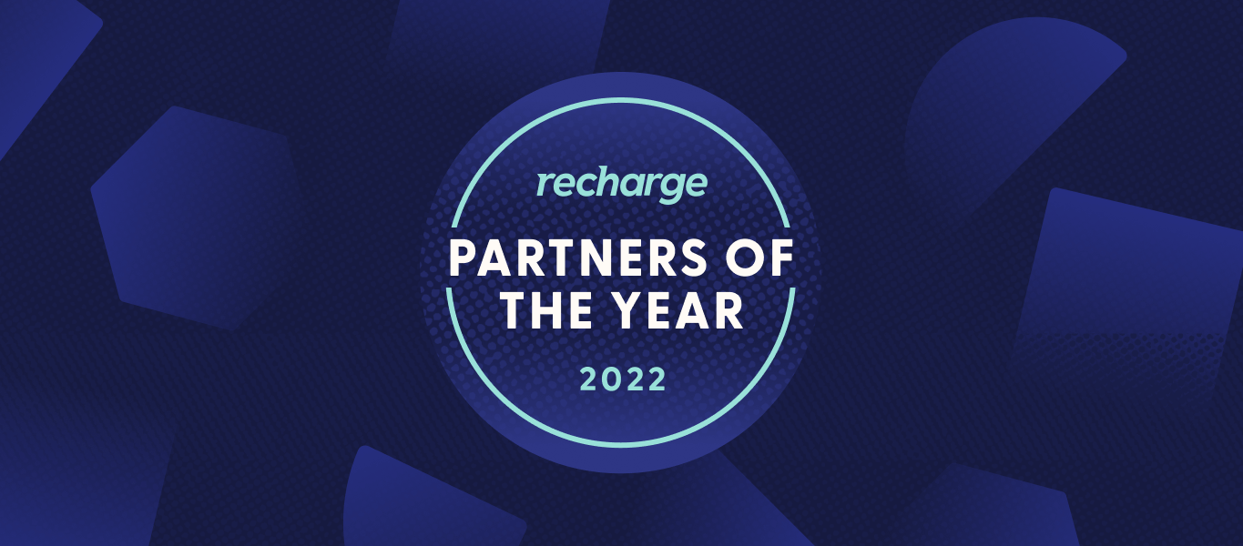 A dark blue background with white text that reads "Partners of the Year" with the word "recharge" above and "2022" below, in light blue text.