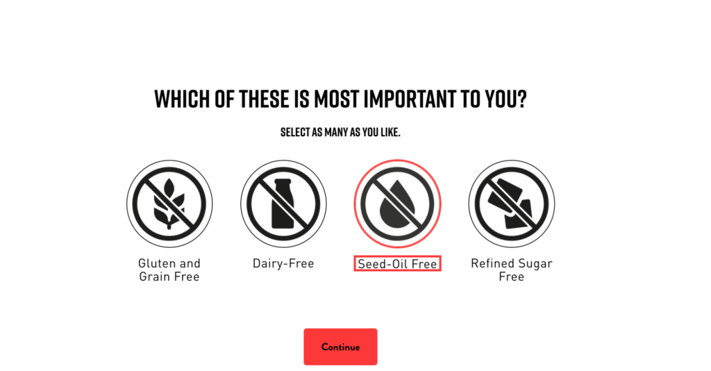 A product quiz from Hunter & Gather's website with options to select different dietary preferences