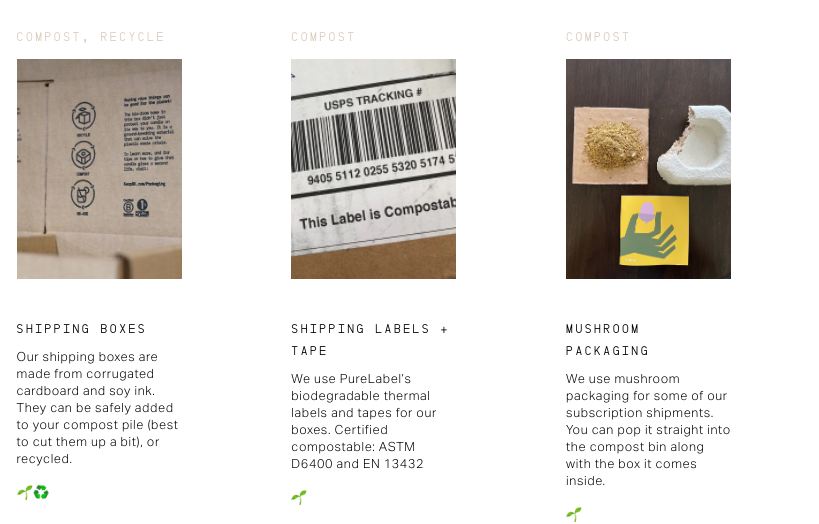 Three pictures from the Keap Candles website of shipping boxes, shipping labels + tape as well as mushroom packaging