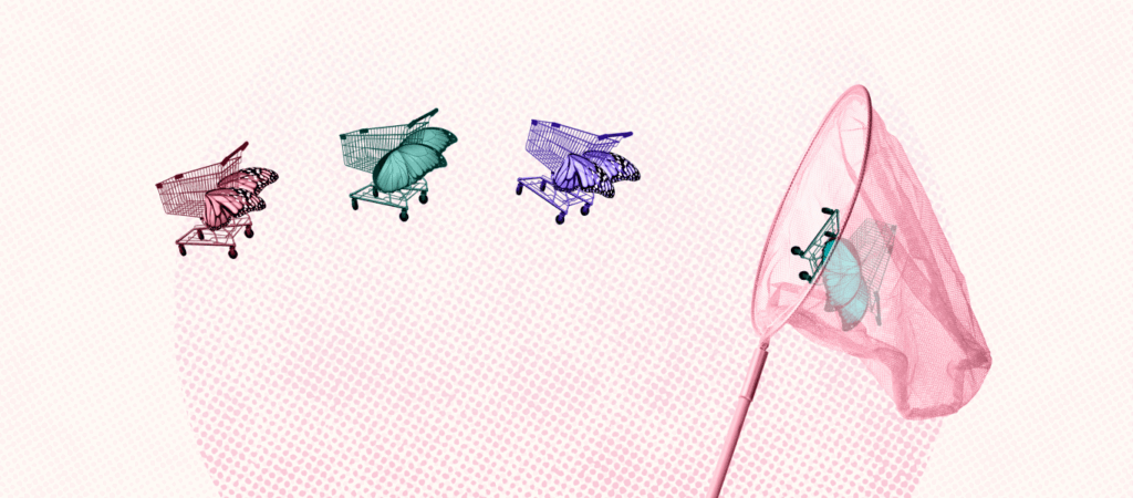 Shopping carts shown with butterfly wings are caught in a net, representing customer acquisition costs.