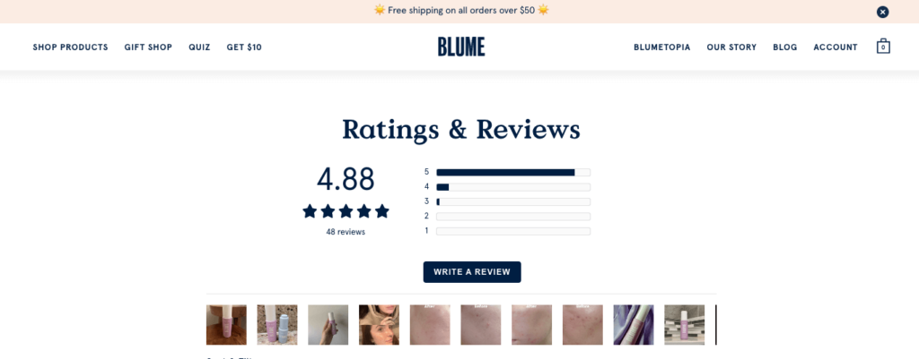 The ratings & reviews section on a Blume product page. 
