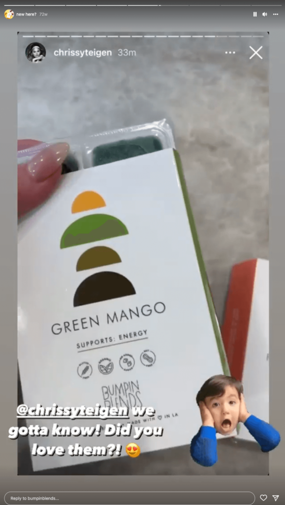 A screenshot of influencer Chrissy Teigen's Instagram story, which shows her holding a package of Bumpin Blends smoothie cubes. 