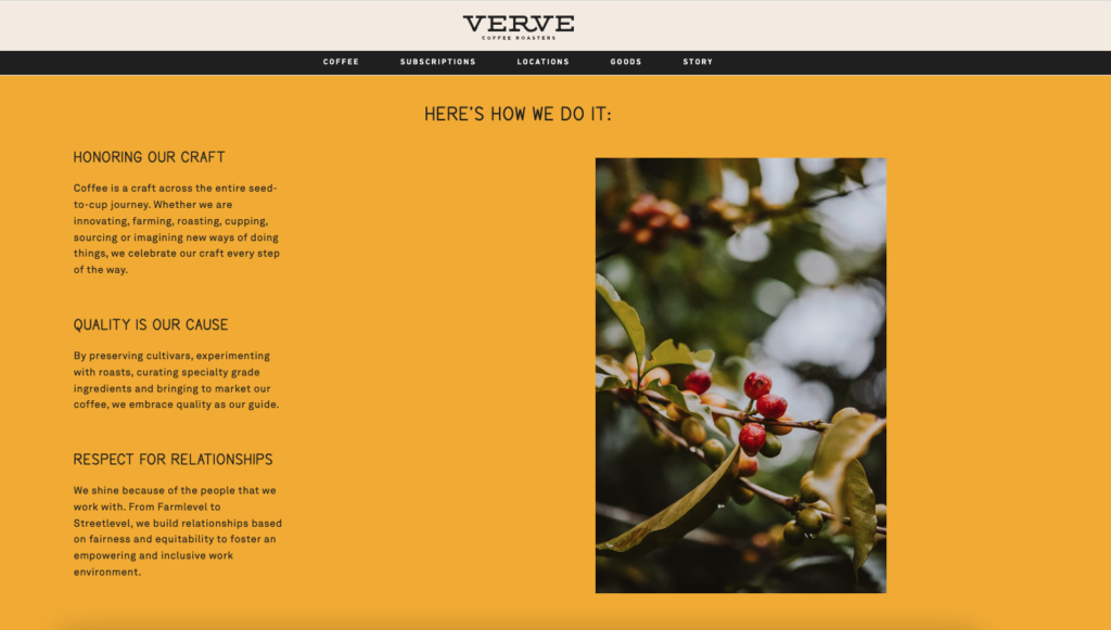 A snapshot of Verve Coffee's website showing their story of the value beyond the coffee.