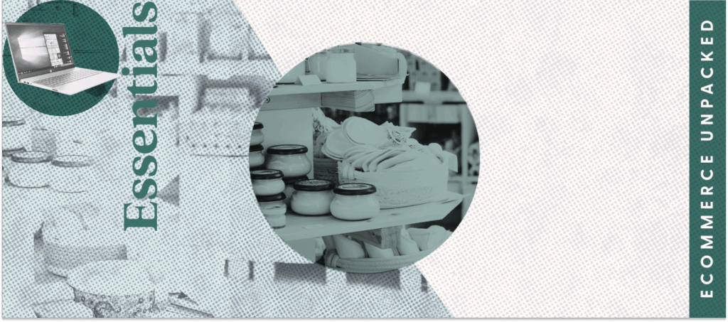 A laptop with Essentials next to it and an image of candles on a shelf.