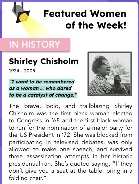 A flyer on Shirley Chisholm as a spotlight for the Featured Woman of the Week.