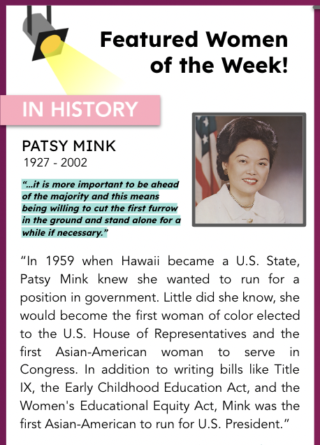 A flyer on Patsy Mink as a spotlight for the Featured Woman of the Week.