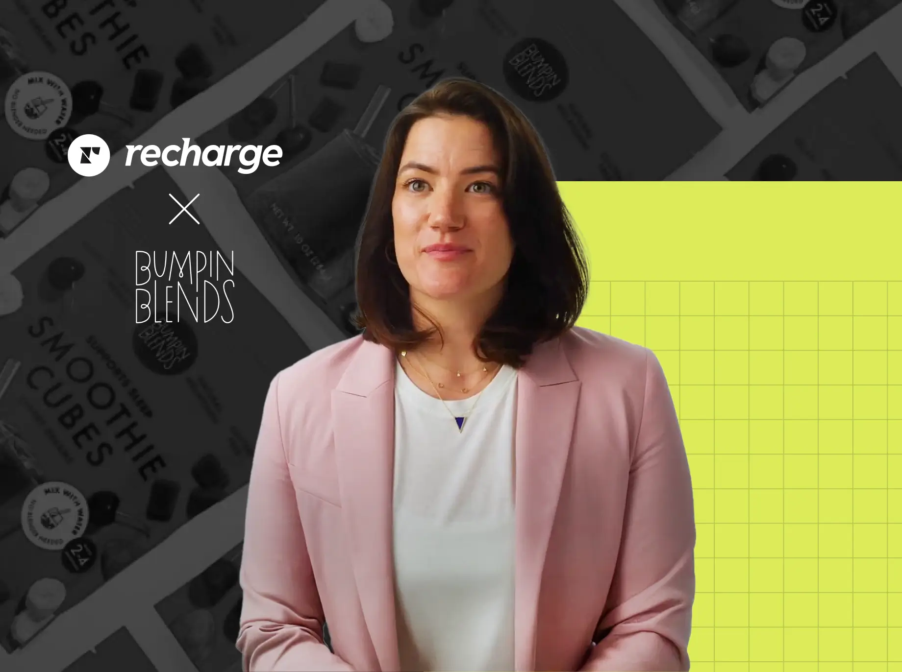 Recharge and Bumpin Blends partnership image with spokesperson in a pink blazer set against a branded smoothie background.