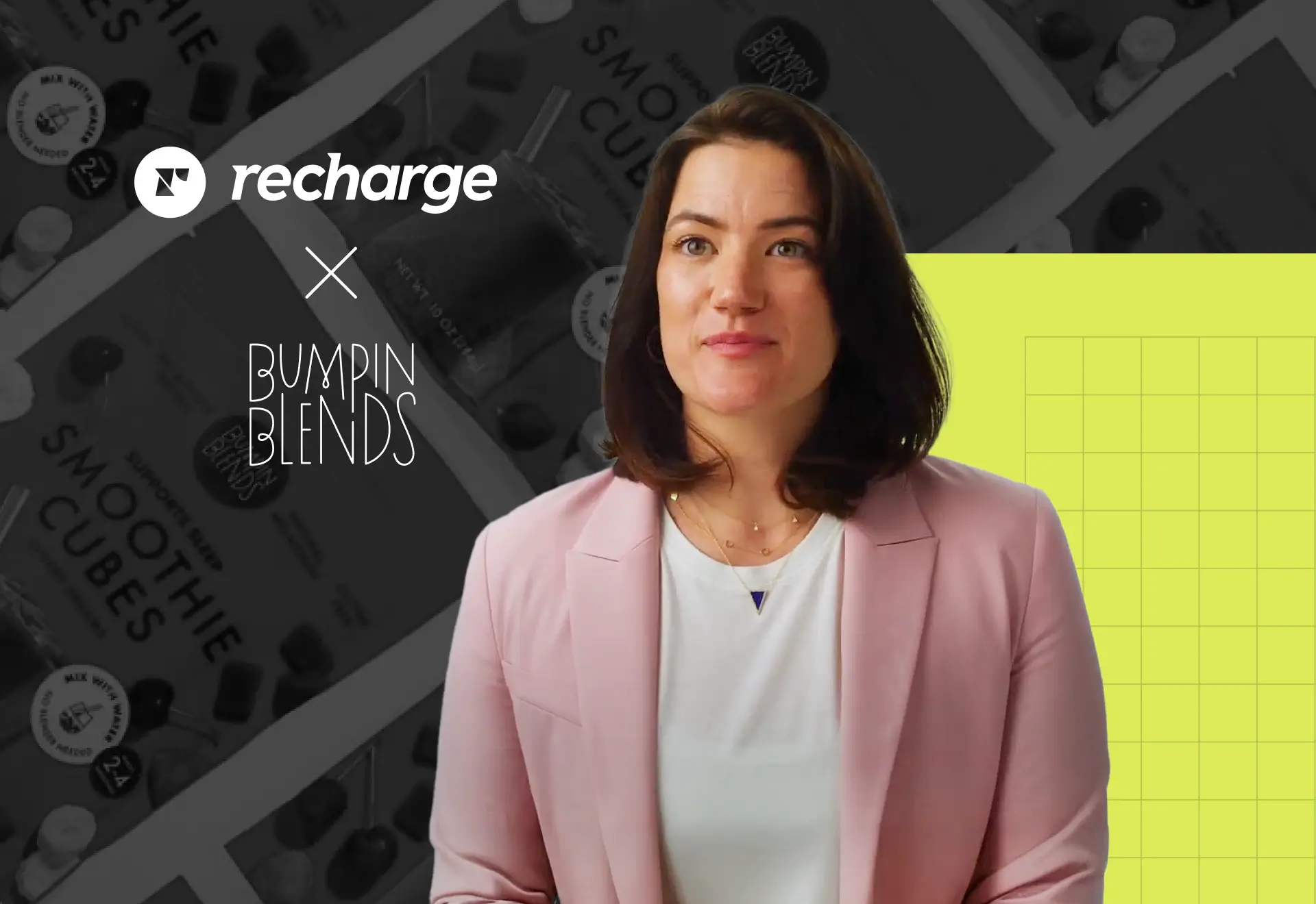 Brand collaboration visual featuring Recharge and Bumpin Blends with a woman in a pink blazer in front of a smoothie-themed background.