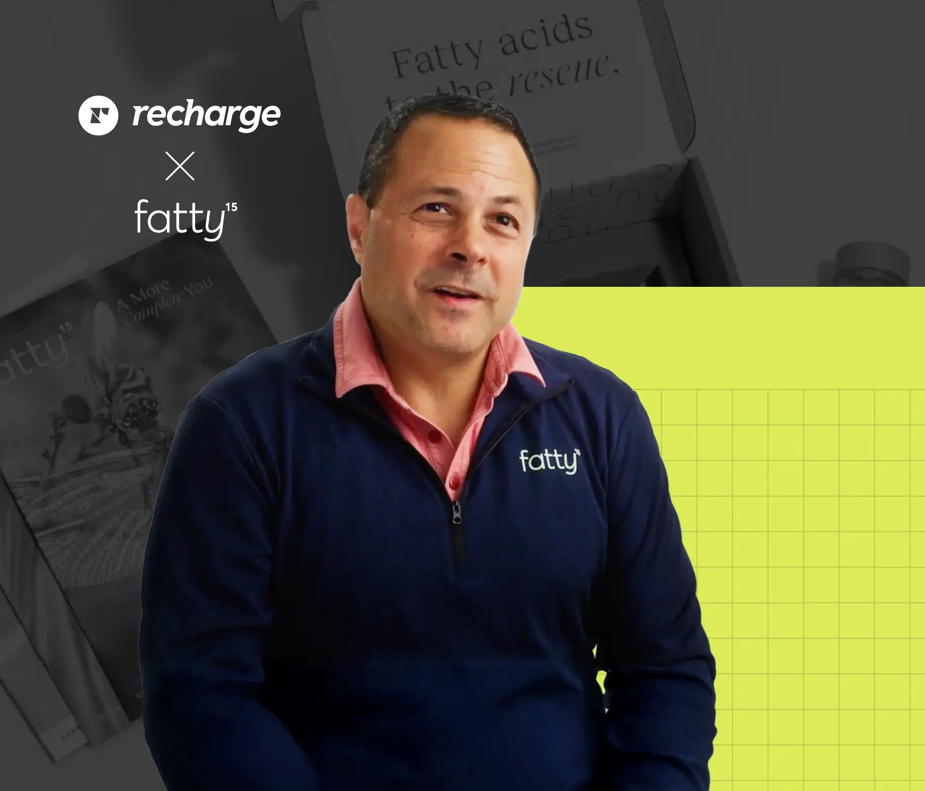 Recharge and Fatty15 partnership image showing a Fatty15 representative, styled for desktop screen layout.