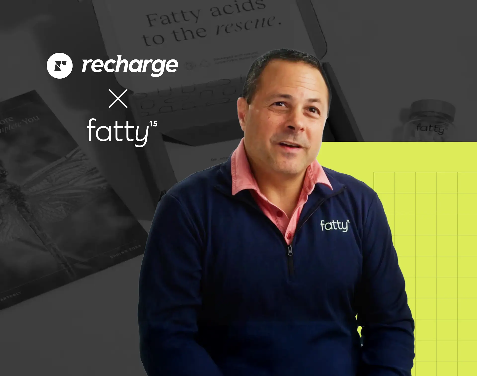Recharge and Fatty15 brand collaboration image featuring a Fatty15 spokesperson in front of wellness-themed visuals.