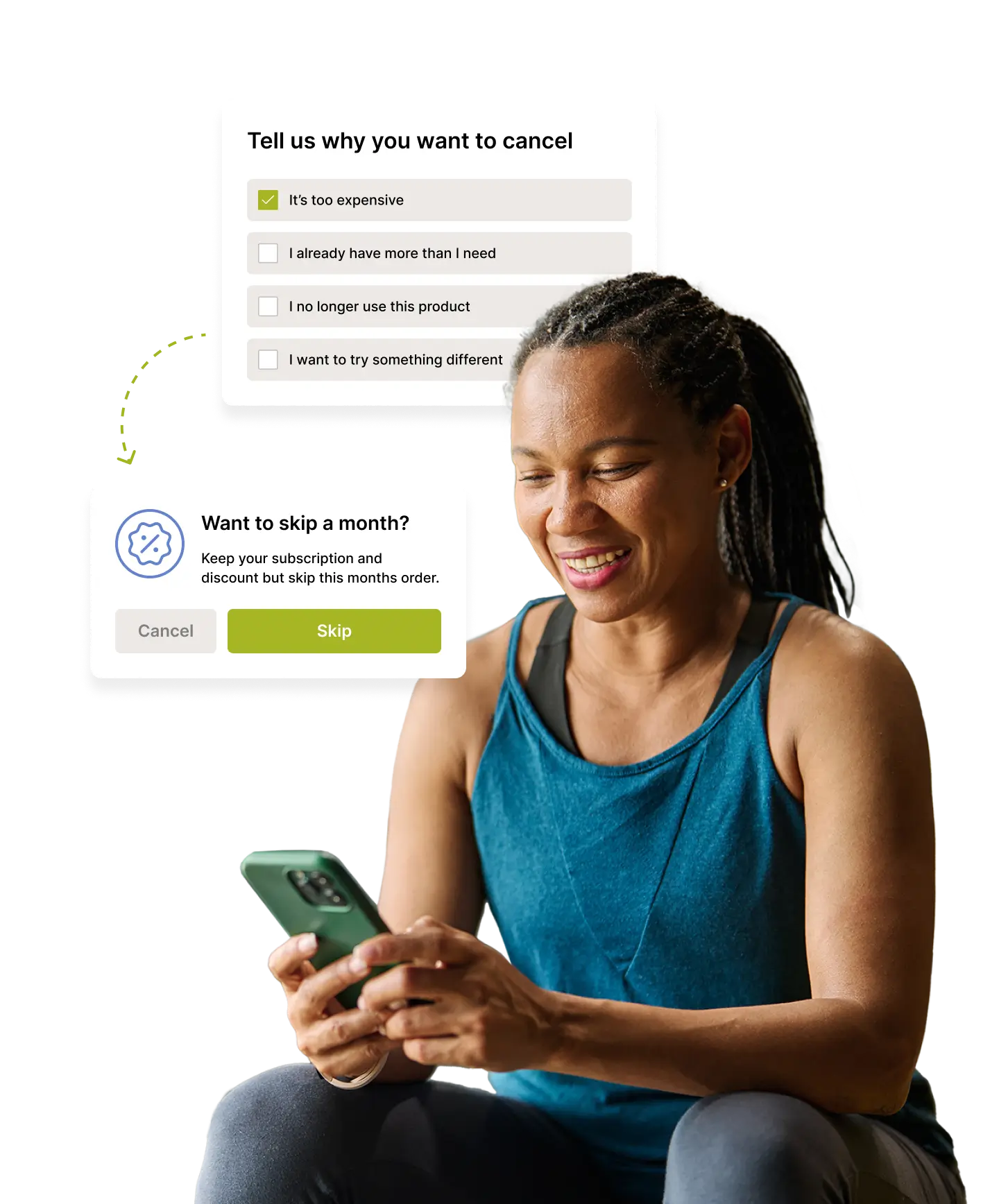 A woman using her phone is presented with options to cancel or skip a subscription order based on her feedback.