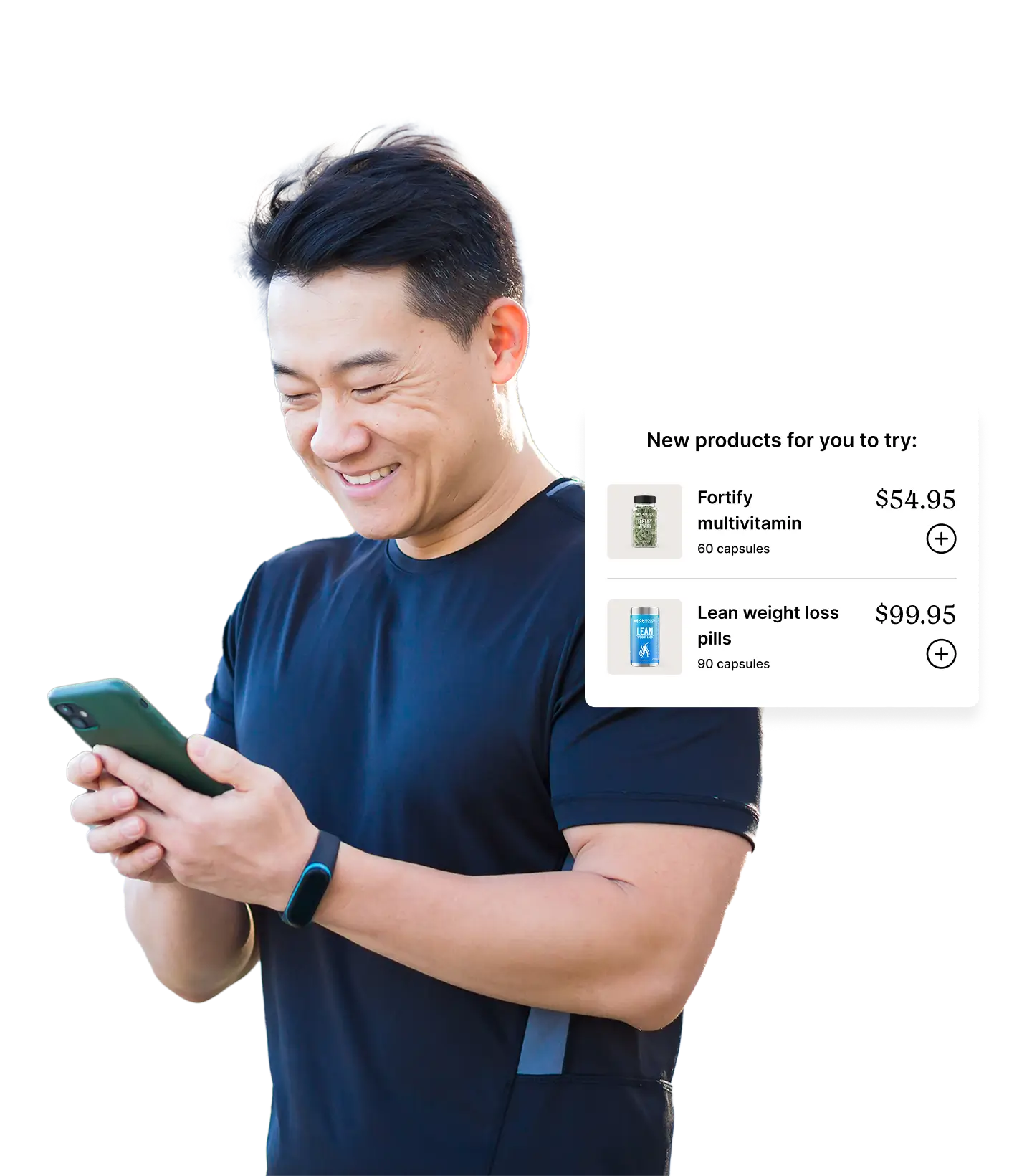 A man smiles while using his phone, with a digital overlay showing new supplement product suggestions and prices.