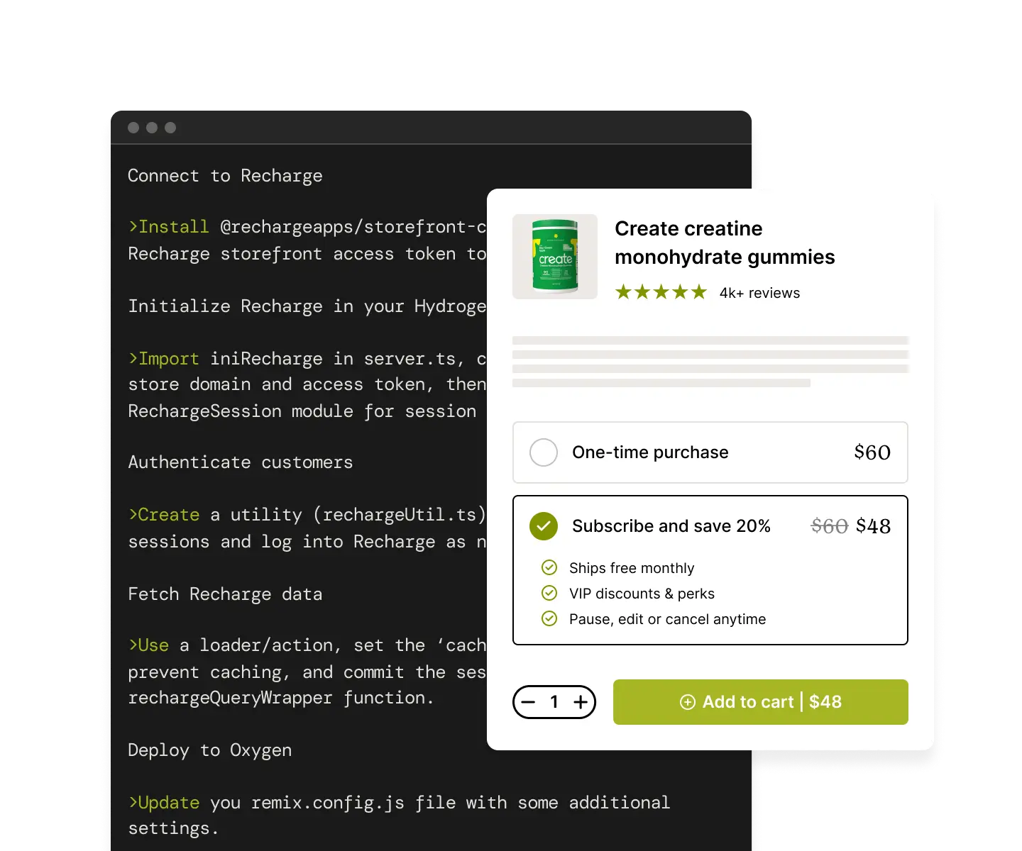 Hydrogen-powered Shopify product card showing Recharge subscription option with a 20% discount and code integration snippet in the background