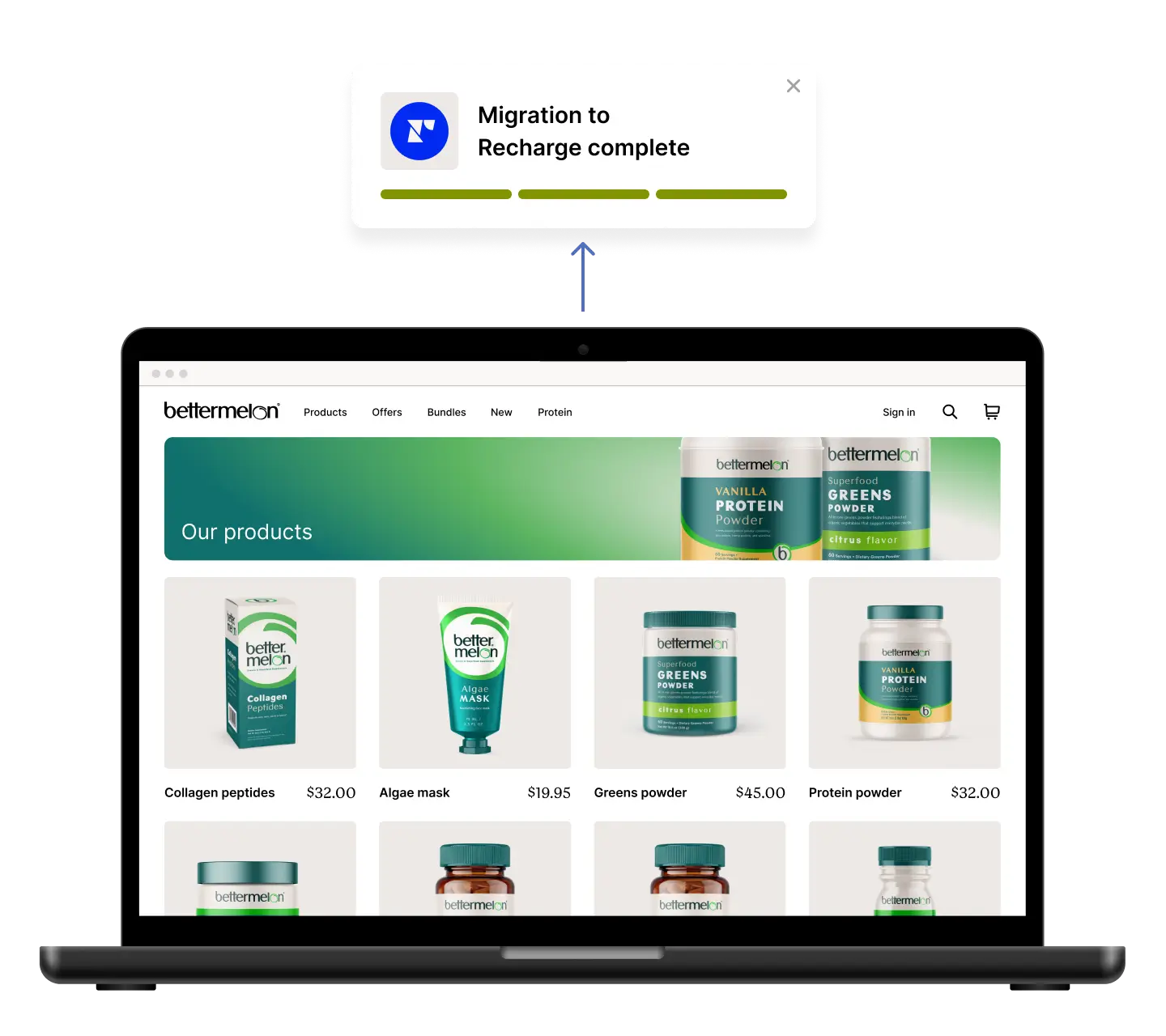 Product grid on Bettermelon storefront after successful Recharge migration