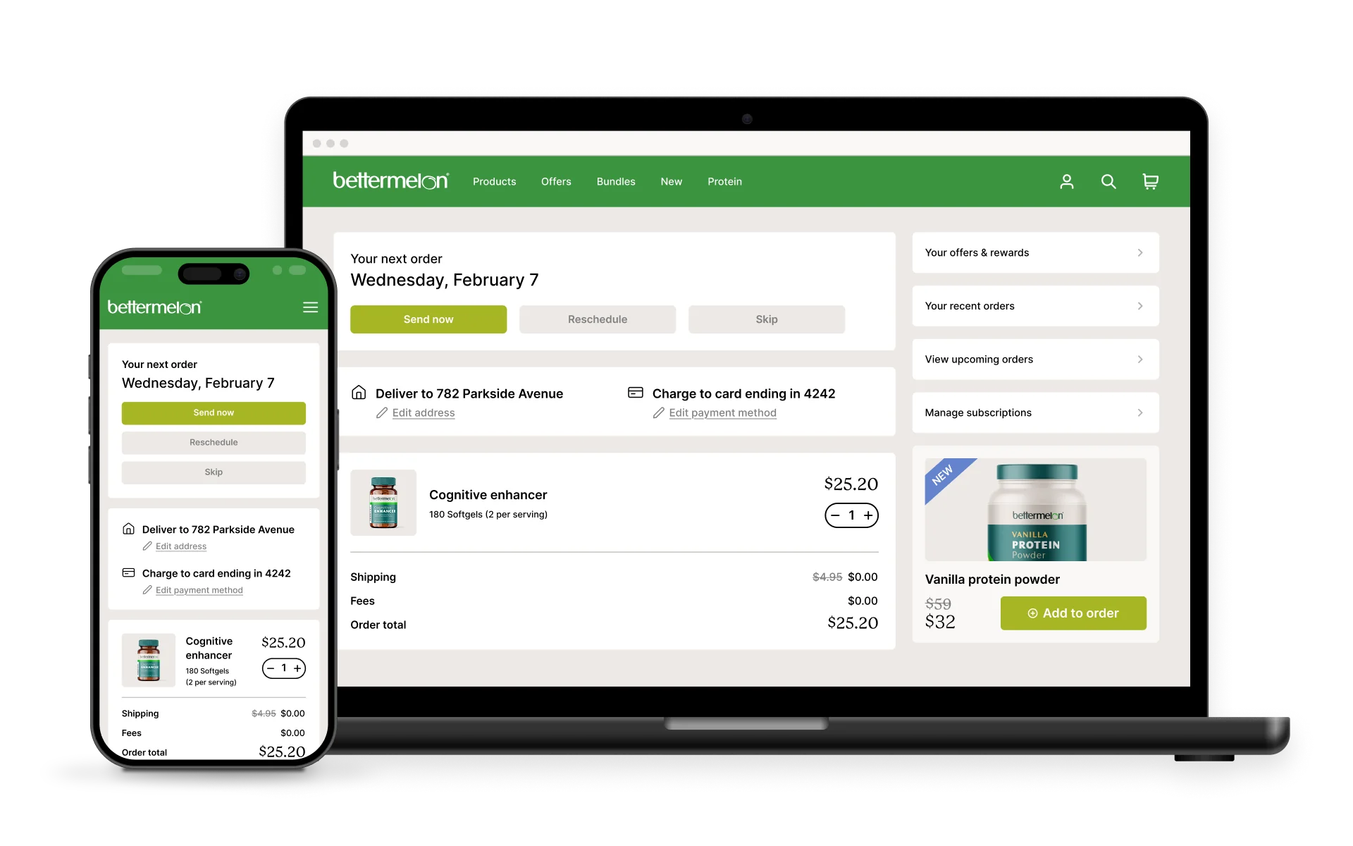 A mobile phone and laptop displaying a detailed order summary from bettermelon.