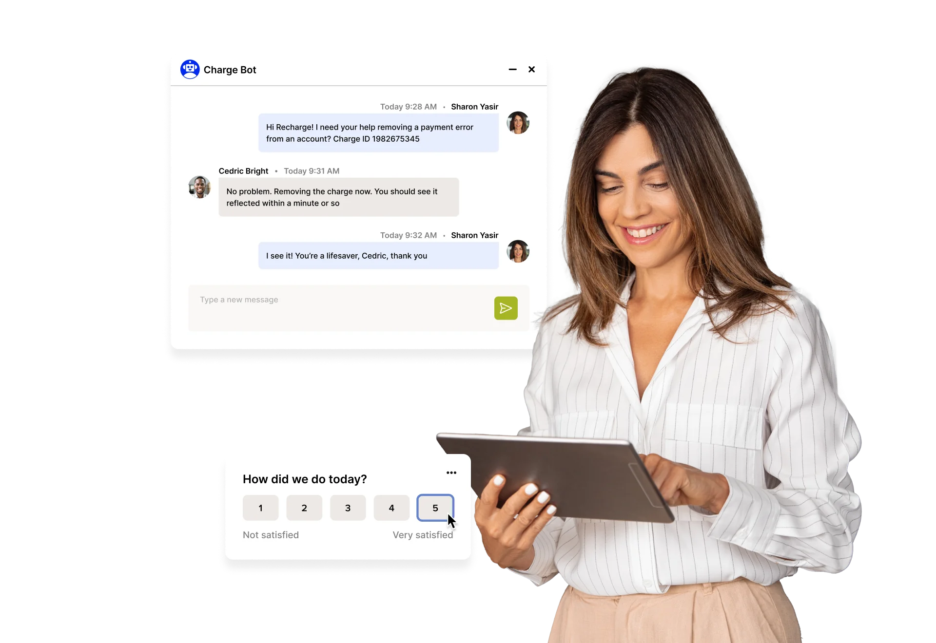 A person interacting with a digital interface showing a chat conversation and a feedback prompt.